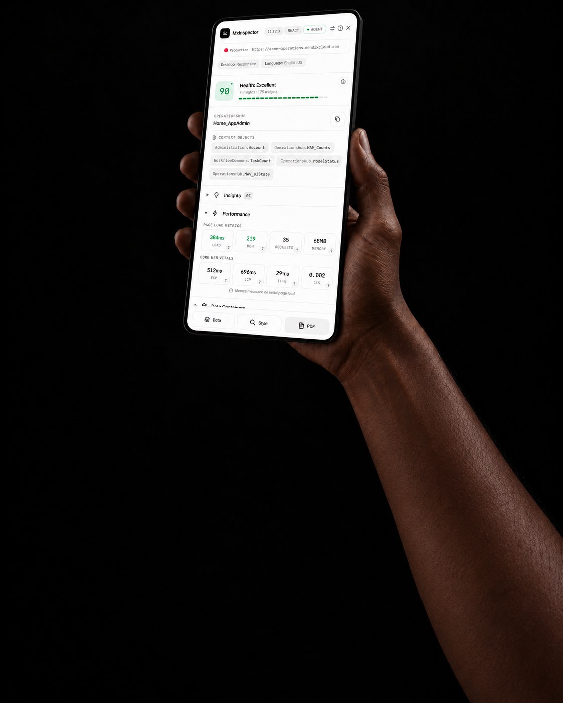 The MxInspector panel open on a phone